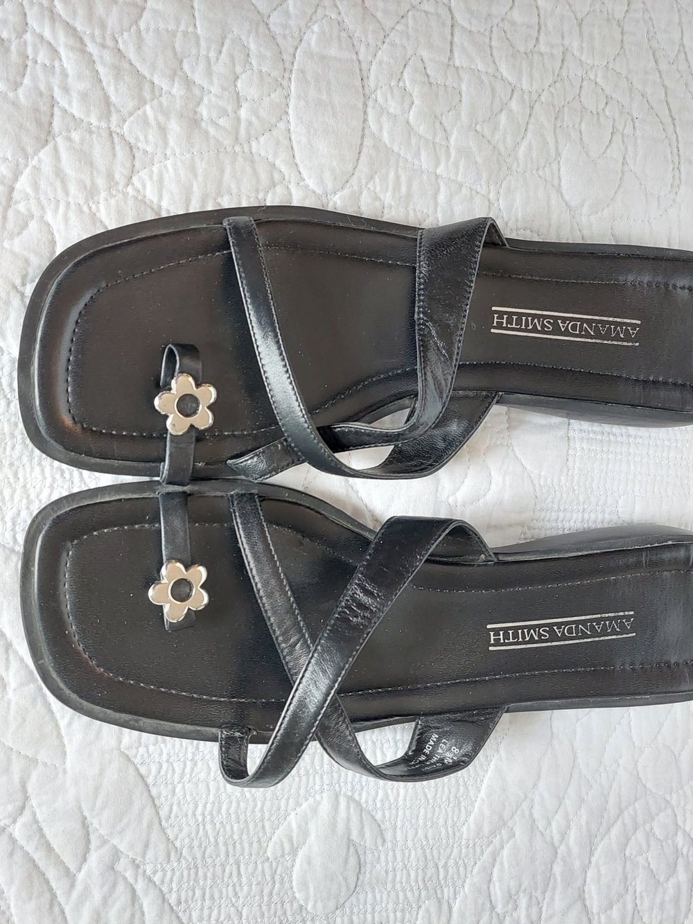 Vtg Y2K Amanda Smith Toe Ring Square Toe Black Leather Upper Sandals SZ 8.5